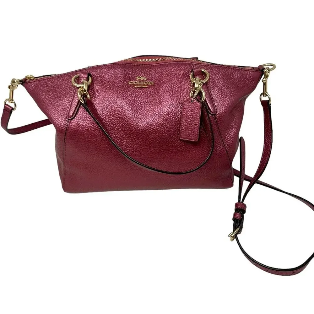 Coach Pebbled Leather Satchel Crossbody Bag Metallic Burgundy Gold Hardware